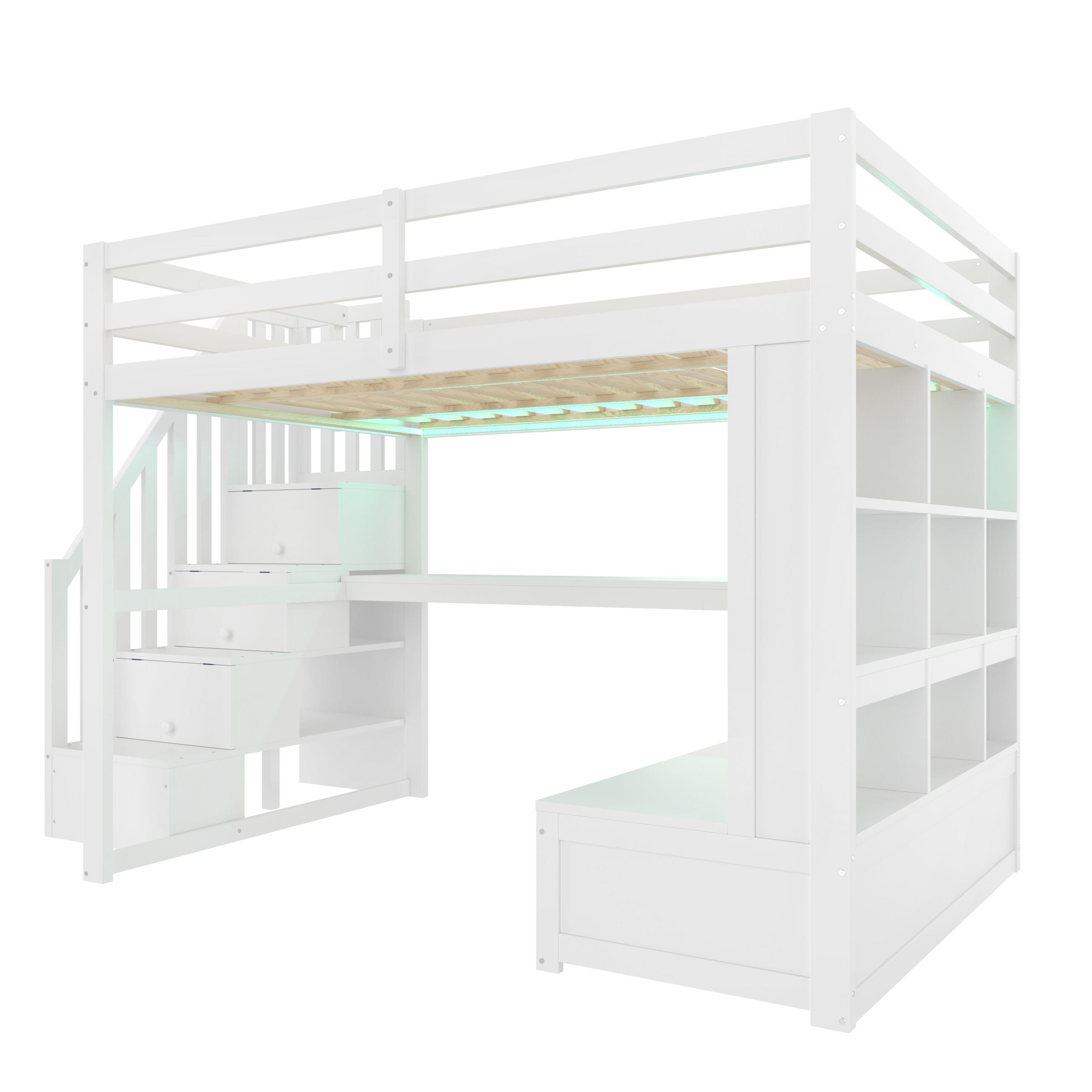 HOCHBETT 140x200 cm aus Kiefer, MDF & Sperrholz mit Schreibtisch, Regalen, Schubladen und LED, weiß - Weiß, Holzwerkstoff (140/200cm) - Luhomfu