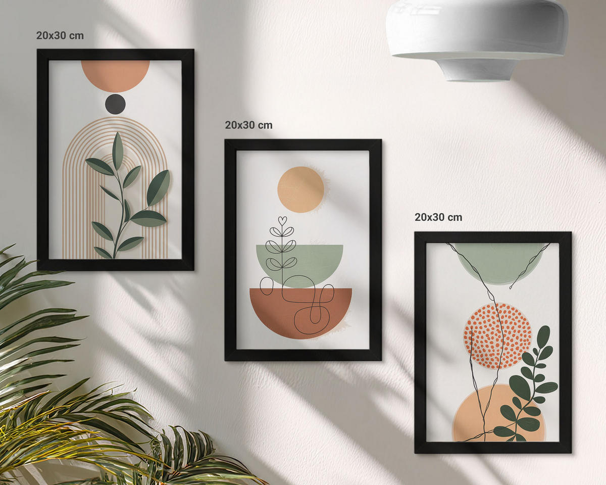 WANDBILDER 3er-Set - 20x30 cm Schwarzer Rahmen - Abstrakte Pflanzenformen - Schwarz, Kunststoff (20/30cm) - ArtPrintCave