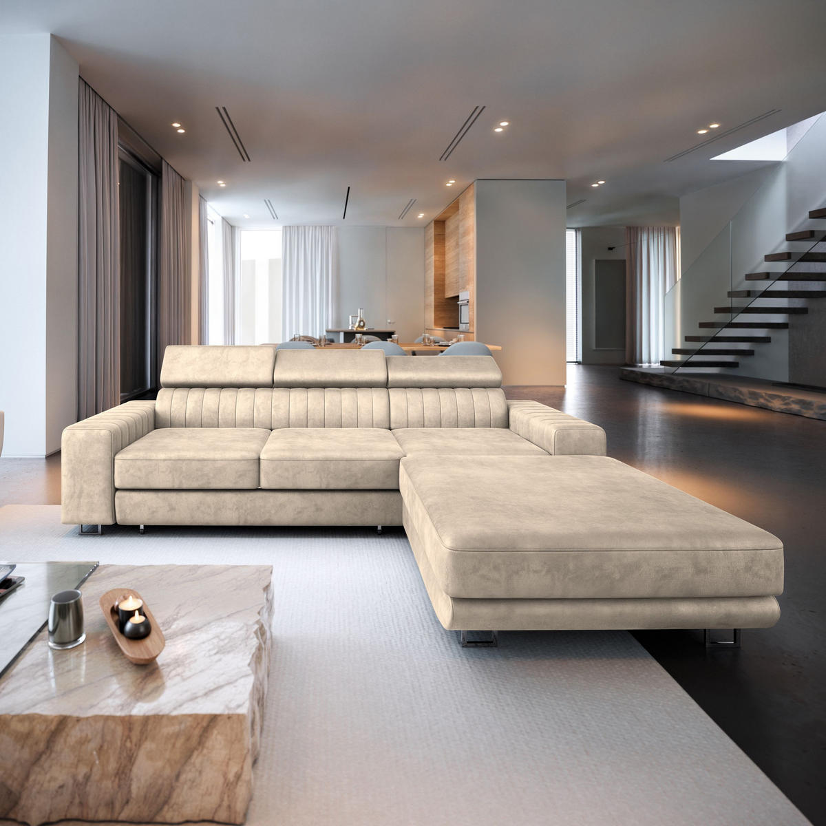 ECKSOFA NOTO L-S Creme Velours-Stoff mit Schlaffunktion - Creme, Holz (267/190cm) - MASSENO