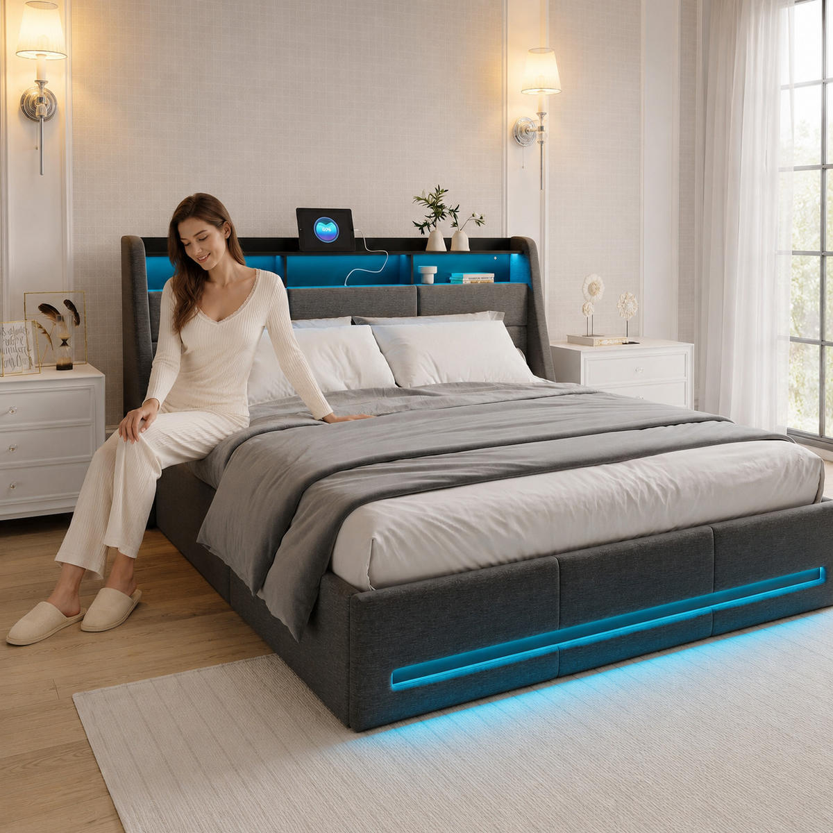 POLSTERBETT 140/190 cm Grau mit Bettkasten, LED, USB-Anschlüssen, Kopfteil-Ablage und Lattenrost - Grau, Holz/Metall (140/190cm) - Joyfair