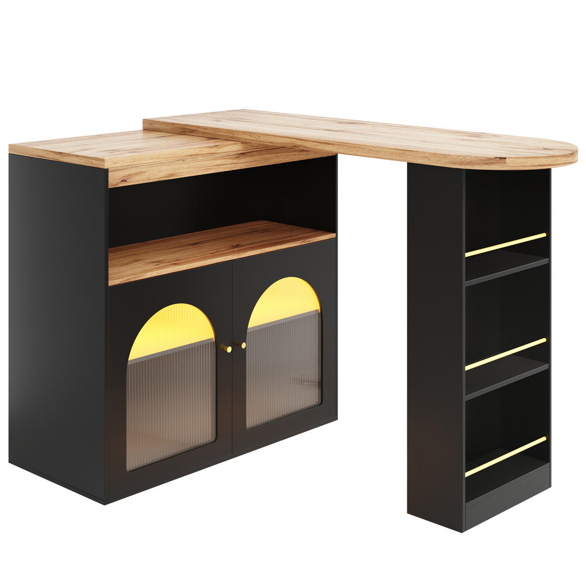 BARTISCH aus MDF 138-193x39x105 cm Schwarz drehbar mit Stauraum, Glasfront und LED-Lichtleiste - Schwarz, Holzwerkstoff (39/193/105cm) - Modfu
