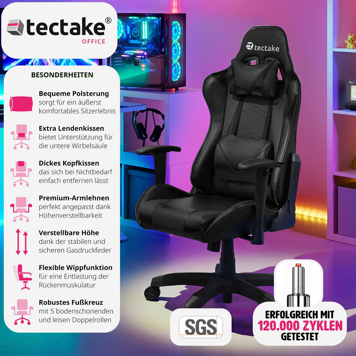 RACING-GAMINGSTUHL Twink,Belastbarkeit 120 kg,schwarz - Schwarz, Textil (68/125/69cm) - tectake