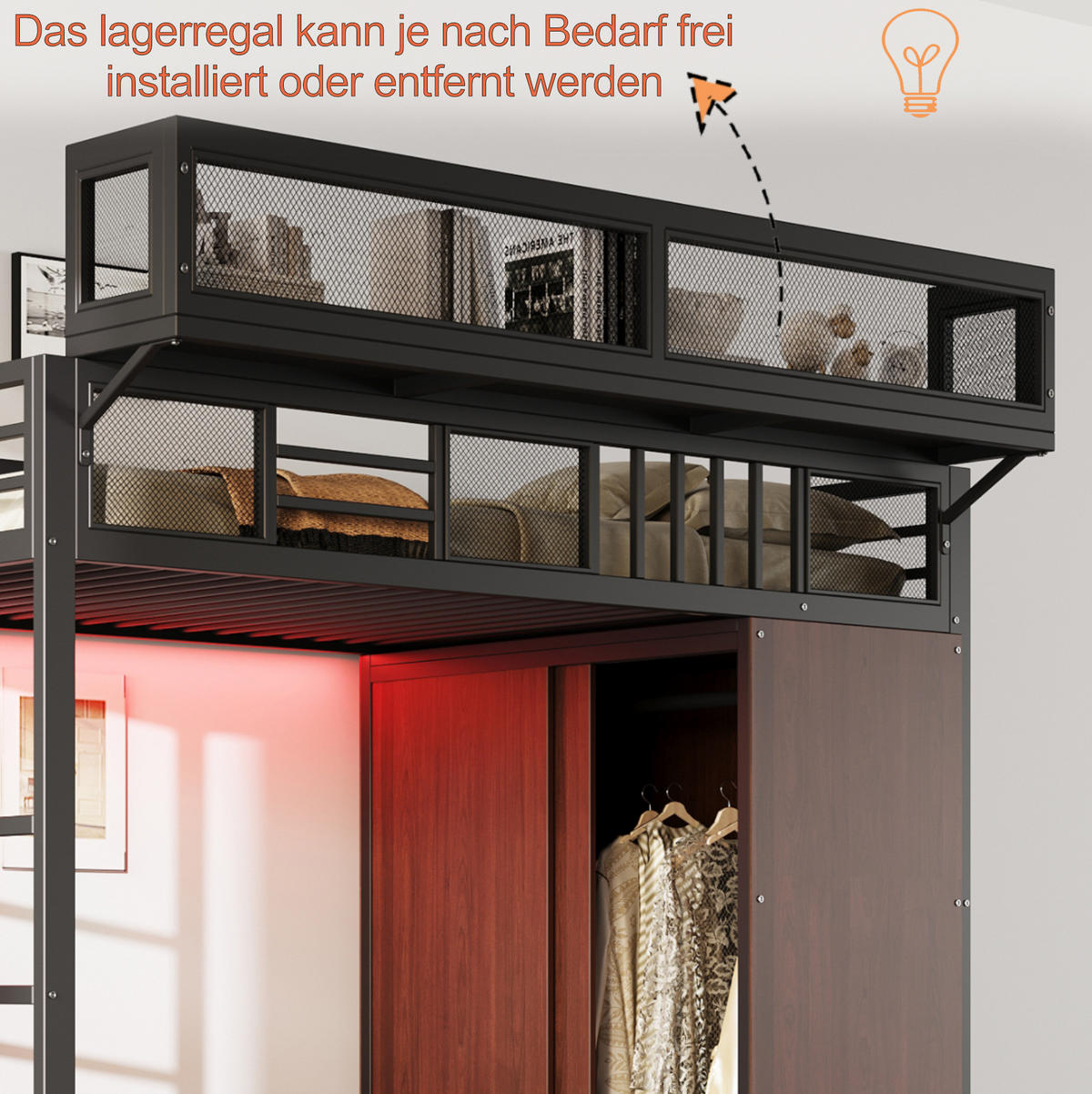 HOCHBETT aus Metall und Holz 90x200 cm Schwarz mit Kleiderschrank, Stauraumleiter und LED-Beleuchtung - Schwarz, Metall (90/200cm) - IVMEU