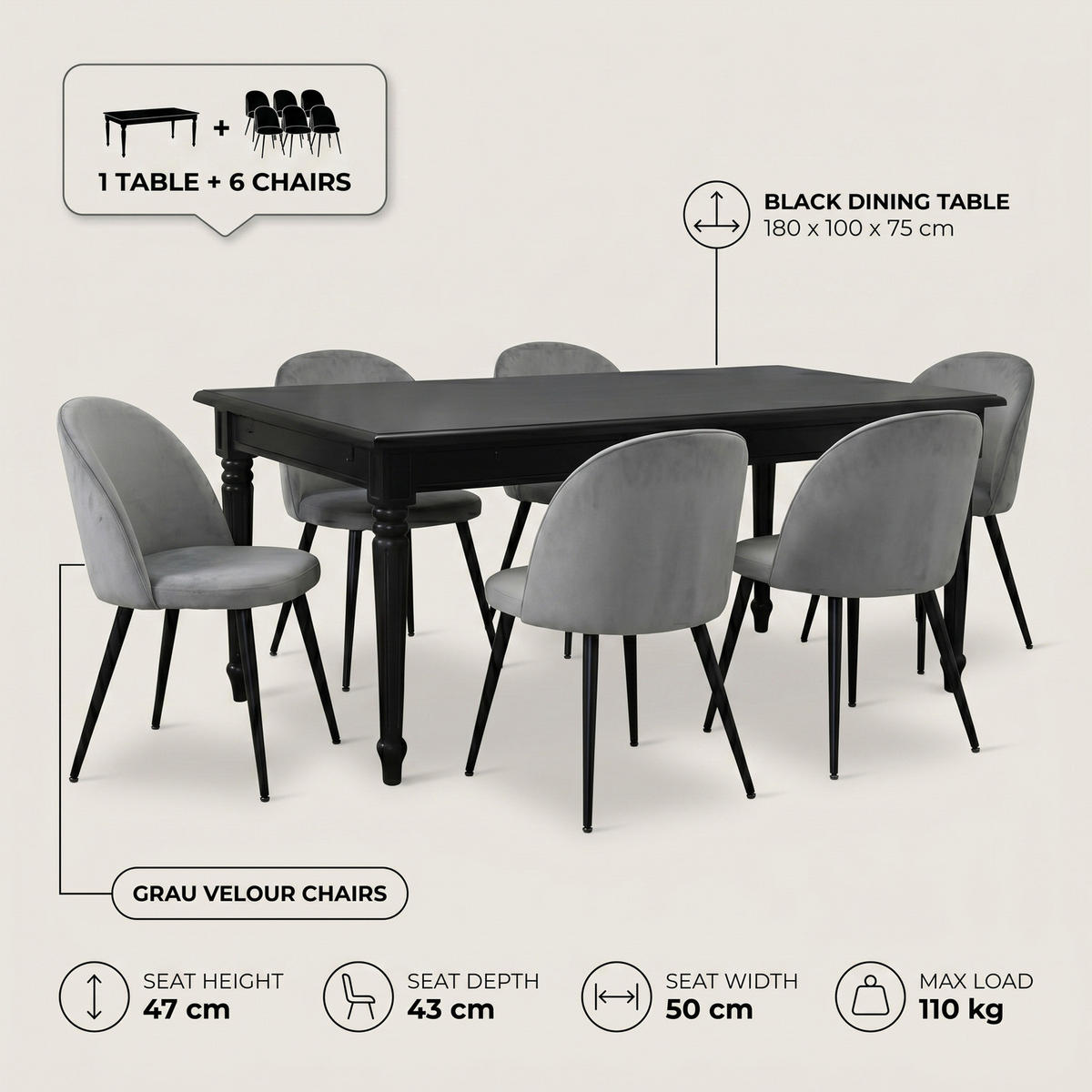 ESSGRUPPE Amaretta mit Esstisch Schwarz und 6 Stühlen Grau, 180 x 100 cm - Grau, Holz/Textil (180/75/100cm) - ebuy24