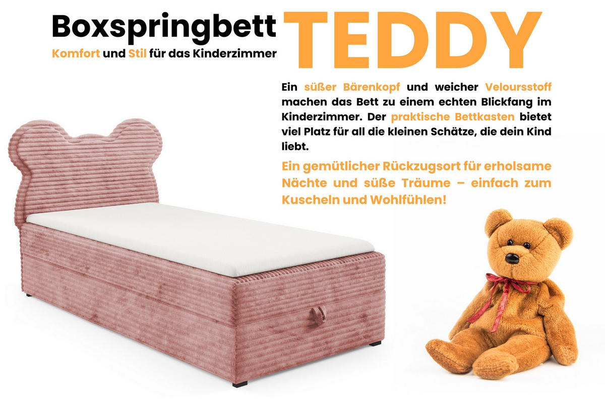 BOXBETT TEDDY 100/200 Cord-Samt Rosa H3 - Rosa, Holz/Holzwerkstoff (100/200cm) - Deine Möbel 24