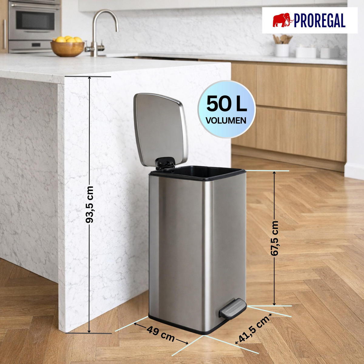 MÜLLEIMER 50 Liter mit Softclose & Fußpedal - Silberfarben, Metall (41.5/67.5/49cm) - PROREGAL