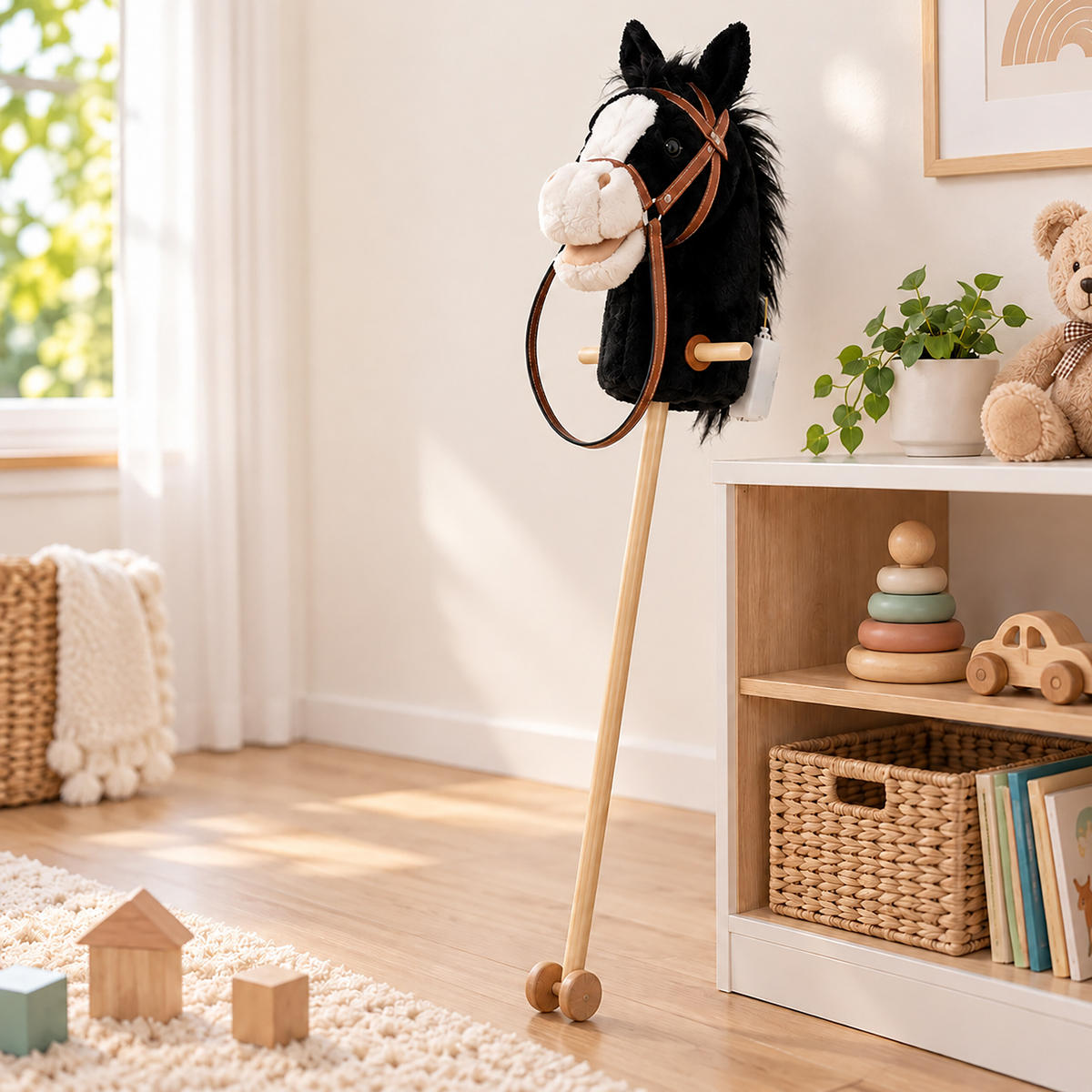 STECKENPFERD Schwarz mit Sound Plüschkopf 95 cm - Multicolor, Holz/Kunststoff (20/95/20cm) - Relaxdays