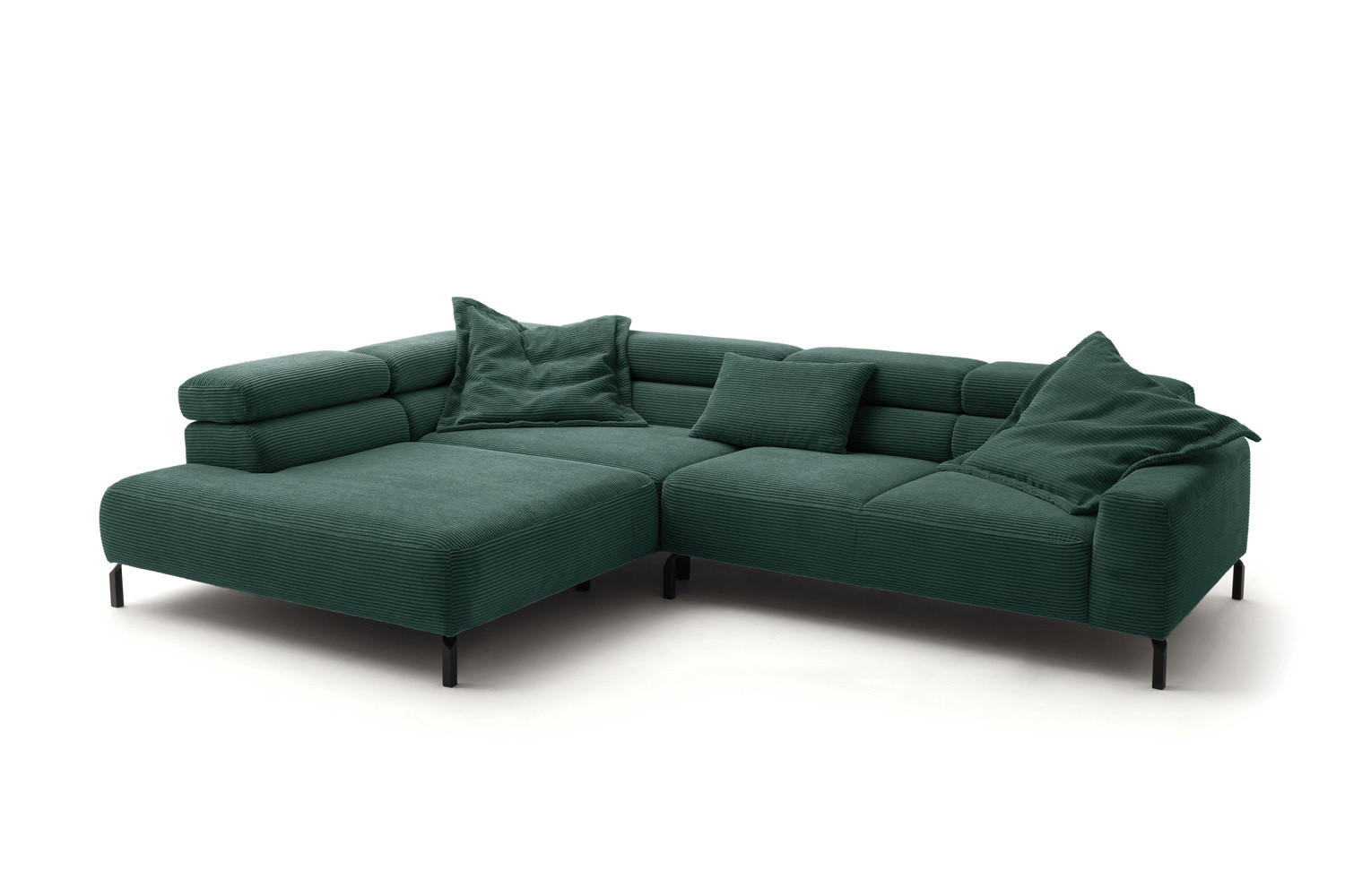 ECKSOFA DELIA Smaragdgrün Cord Relaxfunktion - Smaragdgrün/Schwarz, Textil/Metall (276/219cm) - KAWOLA