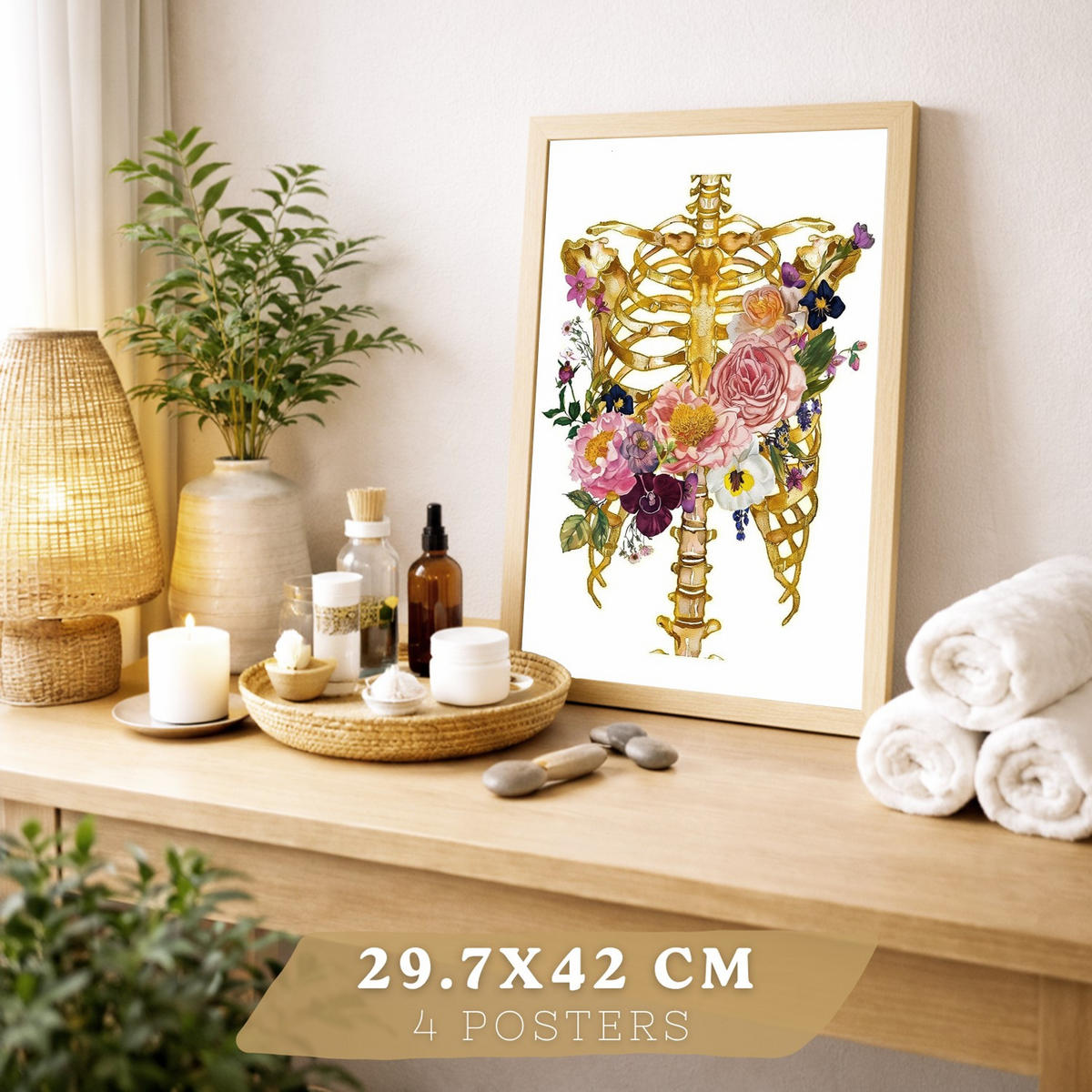 POSTER Set aus 4 Anatomie Mensch Drucke und Wandbilder mit Schädel Skelett Herz und Goldene Lungen Medizinische Wanddekoration Größe Rahmenlos A3 - Klar, Papier (29.7/42/3cm) - Nacnic