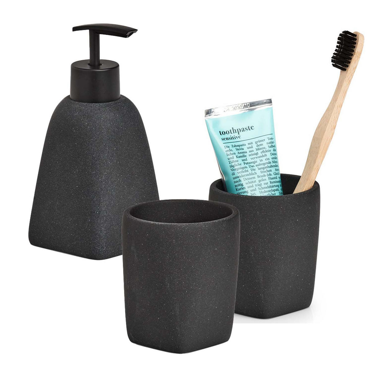 BADACCESSOIRES - Dark Stone, 3-teiliges Set - Schwarz, Stein (7.1/15.7/7.1cm) - Zeller Present