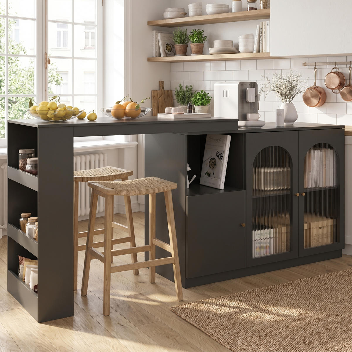 BARSCHRANK 360° drehbar & schwarz mit glastüren & flexiblem bartisch - Schwarz, Holzwerkstoff (40/120/97cm) - Urban Meuble