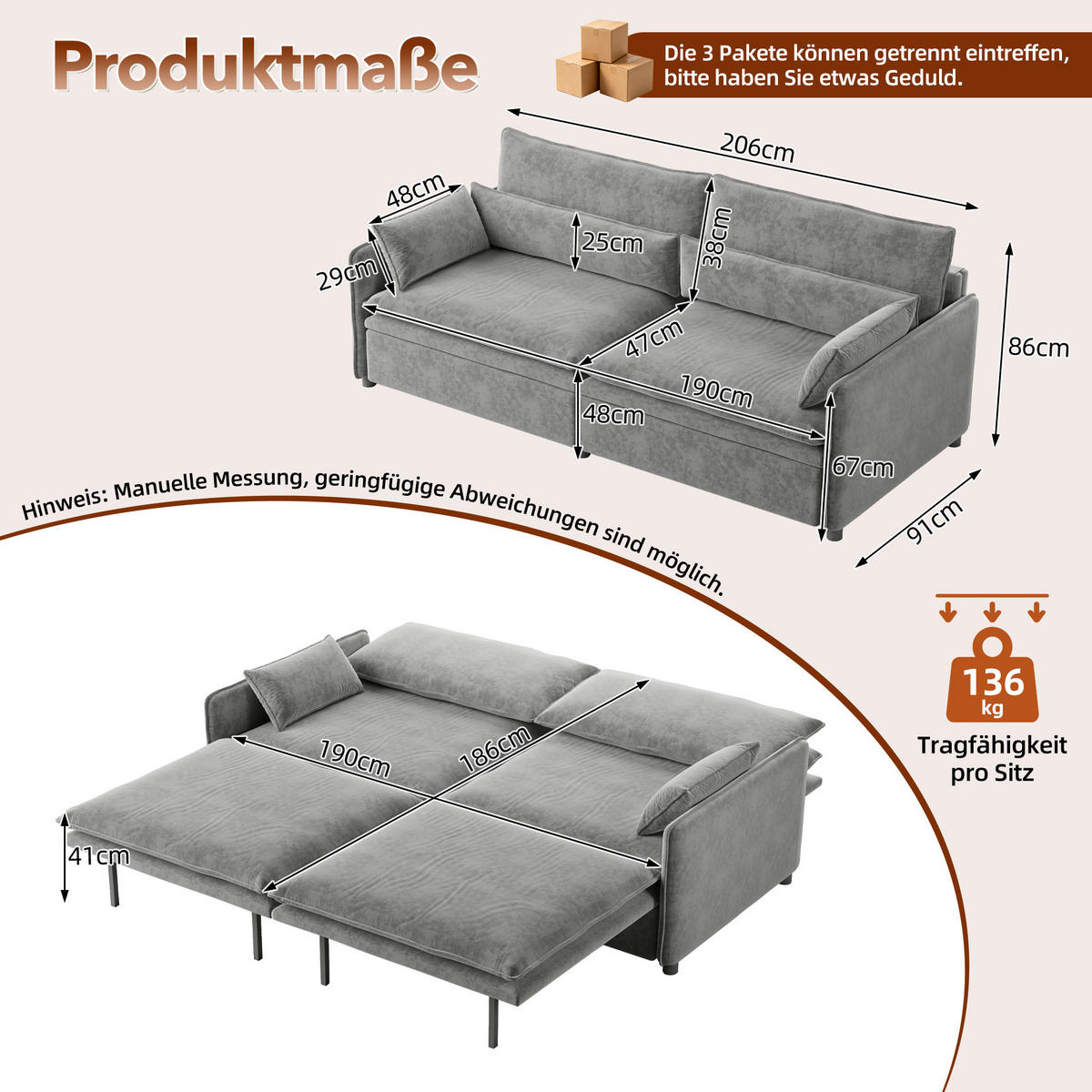SCHLAFSOFA 3-in-1 ausziehbar mit Staufach, DE-42857, Hellgrau - Hellgrau, Holzwerkstoff (206/86/91cm) - ComfortXL