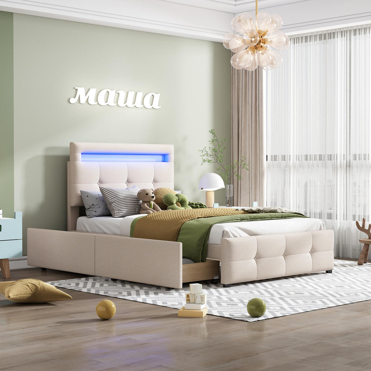 POLSTERBETT 90/200 cm beige aus Holz mit LED und 2 Schubladen - Beige, Holzwerkstoff (90/200cm) - OKWISH