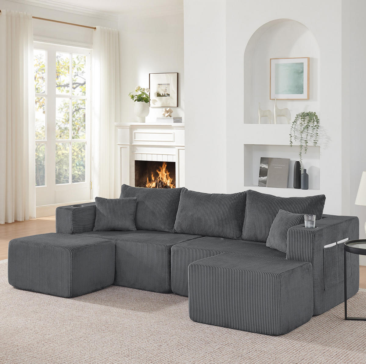 SOFA modulares Ecksofa 3-Sitzer Cord Gray mit 2 Ottomanen - Grau, Kunststoff (230/75/138cm) - IVMEU