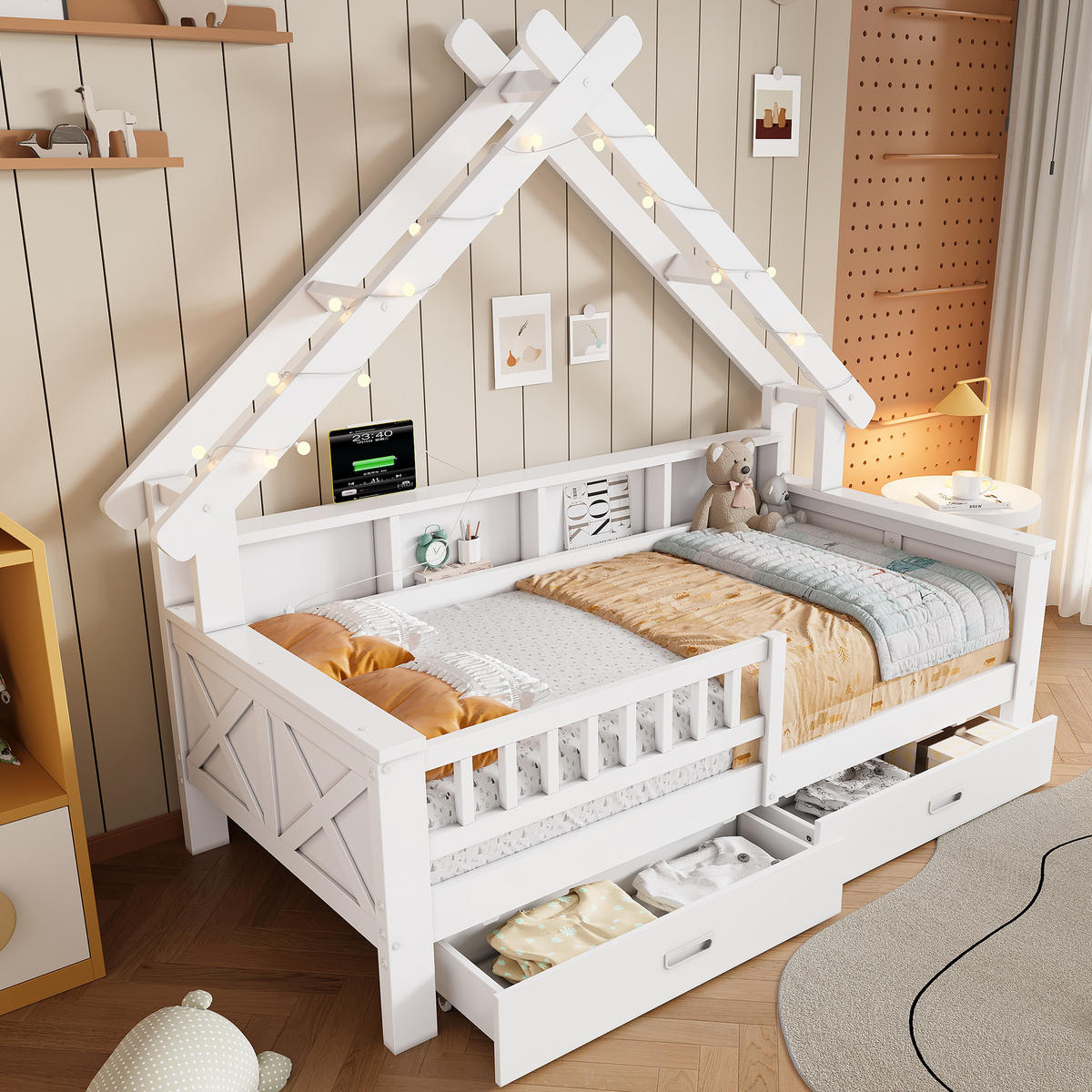 HAUSBETT 90/200 cm in Weiß mit LED, 2 Schubladen und Regal - Weiß, Holz/Holzwerkstoff (90/200cm) - WISHDOR