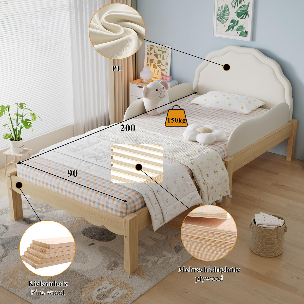 KINDERBETT 90/200 cm in Beige/Natur mit Schutzgeländer - Beige/Naturfarben, Holzwerkstoff/Textil (90/200cm) - WISHDOR