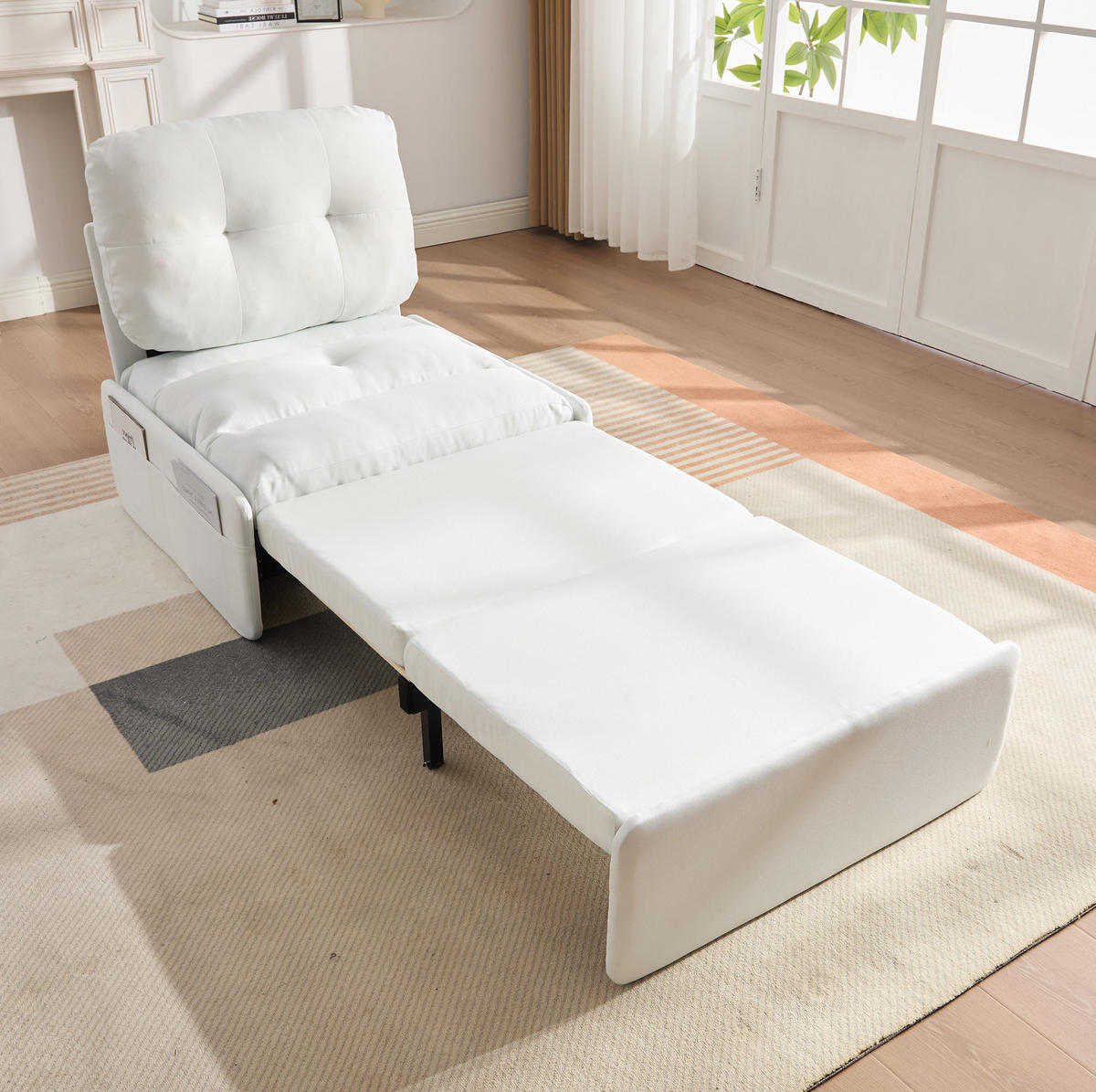 SCHLAFSESSEL 81,5/195/90 cm als 2-in-1 Ausziehbett mit Leinenbezug und Seitentaschen, Weiß - Weiß, Kunststoff (195/90/81.5cm) - Redom