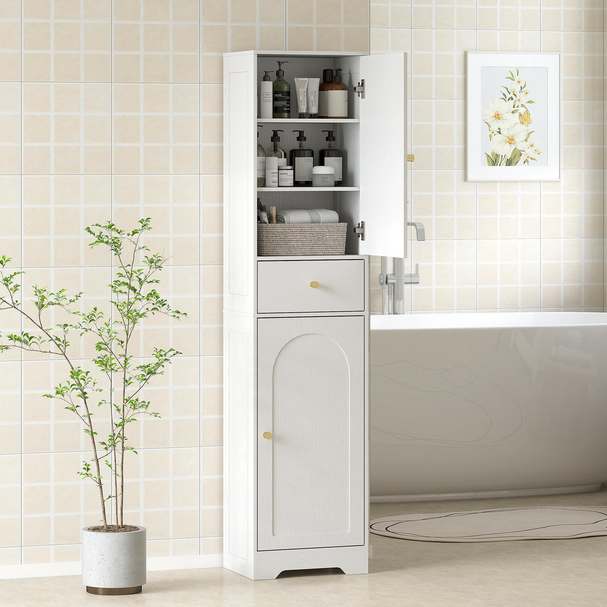 HOCHSCHRANK DE-12480 40/29,5/170 cm Weiß / Gold - Weiß, Holzwerkstoff (29.5/170/40cm) - ComfortXL