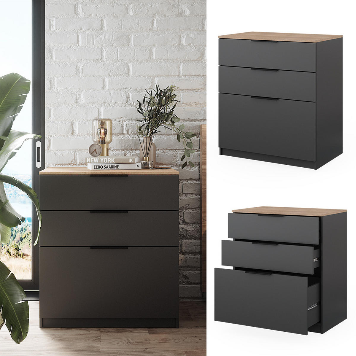 KOMMODE Betti Anthrazit 80 x 90 cm - Anthrazit/Sonoma Eiche, Holzwerkstoff (50/90/80cm) - Vicco
