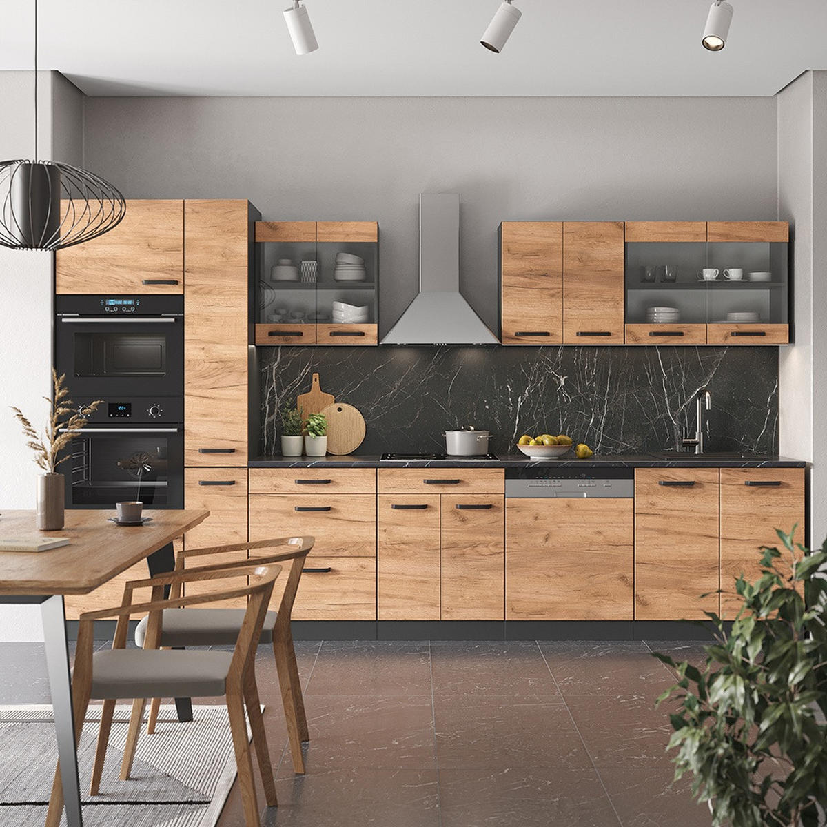 KÜCHENZEILE R-Line Goldkraft Eiche/Anthrazit 350 cm mit Hochschrank, ohne Arbeitsplatte - Honigeiche/Anthrazit, Holzwerkstoff (350/81.6/46cm) - Vicco