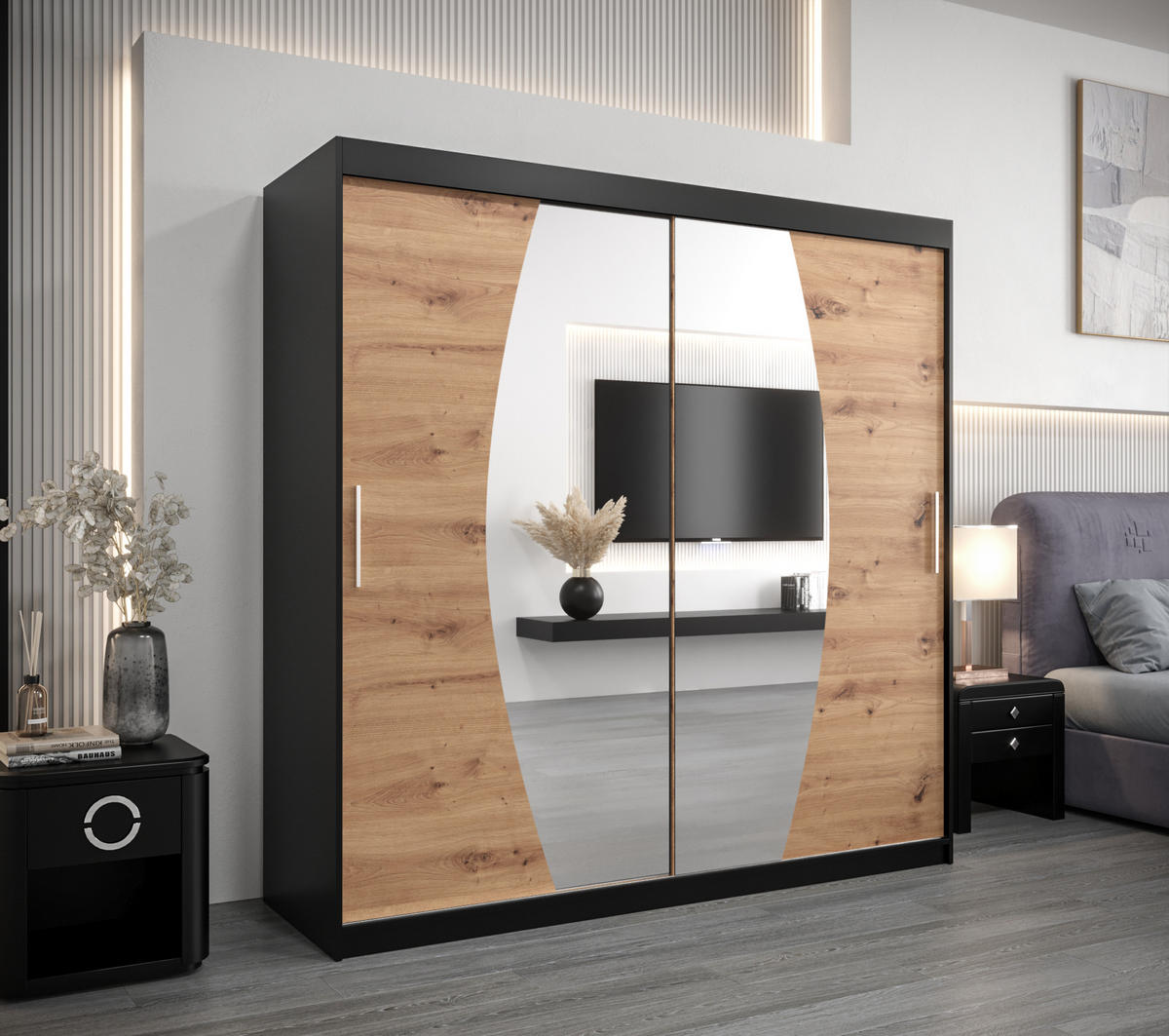 SCHWEBETÜRENSCHRANK 200/200/62 2-türig - Silberfarben/Schwarz, Holz/Kunststoff (200/200/62cm) - Abiks Möbel