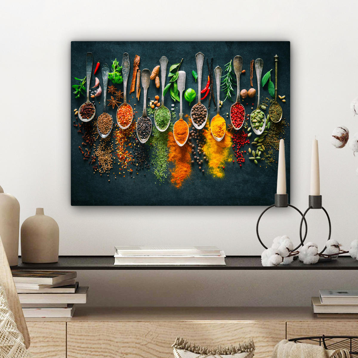 LEINWANDBILD Kräuter - Gewürze - Löffel Wandbild 40x30 cm - Currygelb, Textil (40/30cm) - MuchoWow
