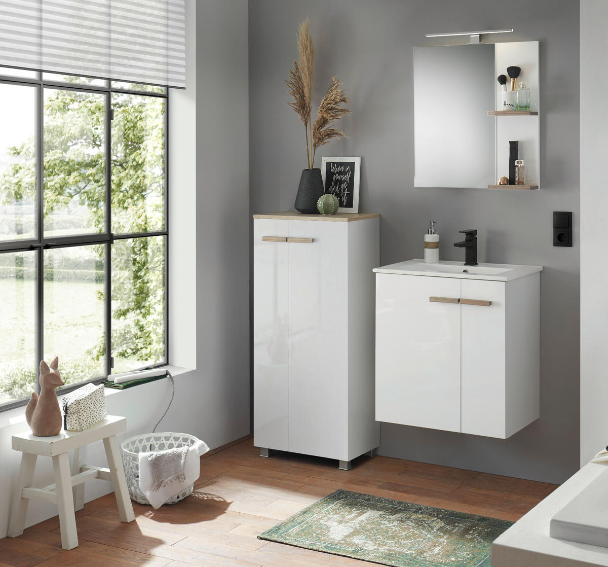 BADMÖBEL-SET weiß Hochglanz Lack, Eiche, Badkombination MIT Waschbecken, Badlampe 130 x 200 cm - Weiß Hochglanz/Eichefarben, Holzwerkstoff/Kunststoff (130/200/40cm) - Furn.Design