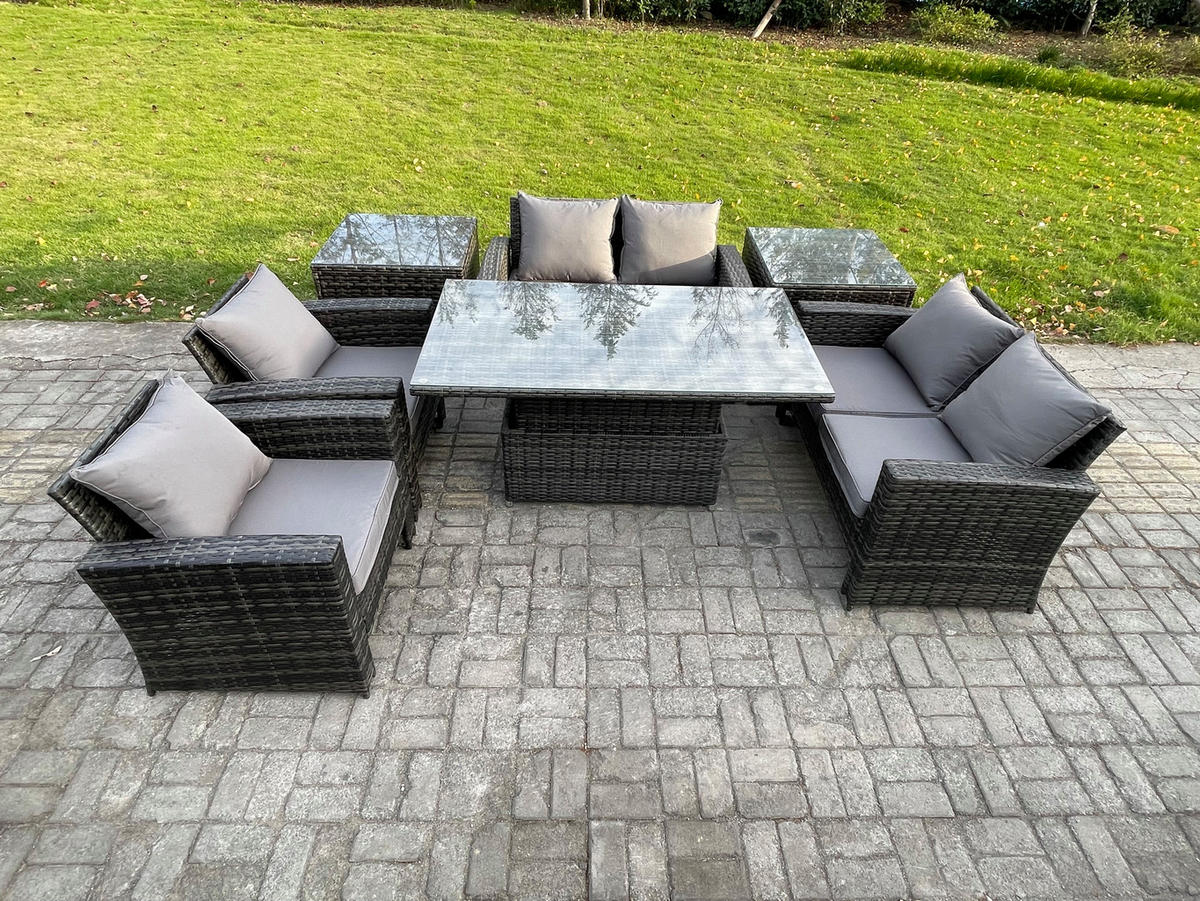 GARTENMÖBEL Set Polyrattan Dunkelgrau 6-Sitzer - Dunkelgrau, Metall - Fimous