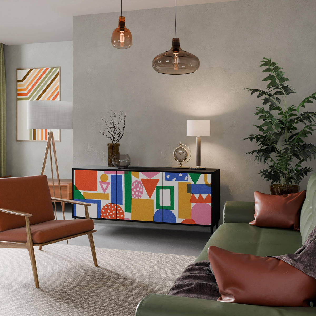SIDEBOARD GEOMETRIC GLIMMER, Eicheneffekt, 164,5x42x77,5 cm, 3 Türen - Eichefarben/Buchefarben, Holzwerkstoff/Buchenholz (164.5/77.5/42cm) - SpaceRebels