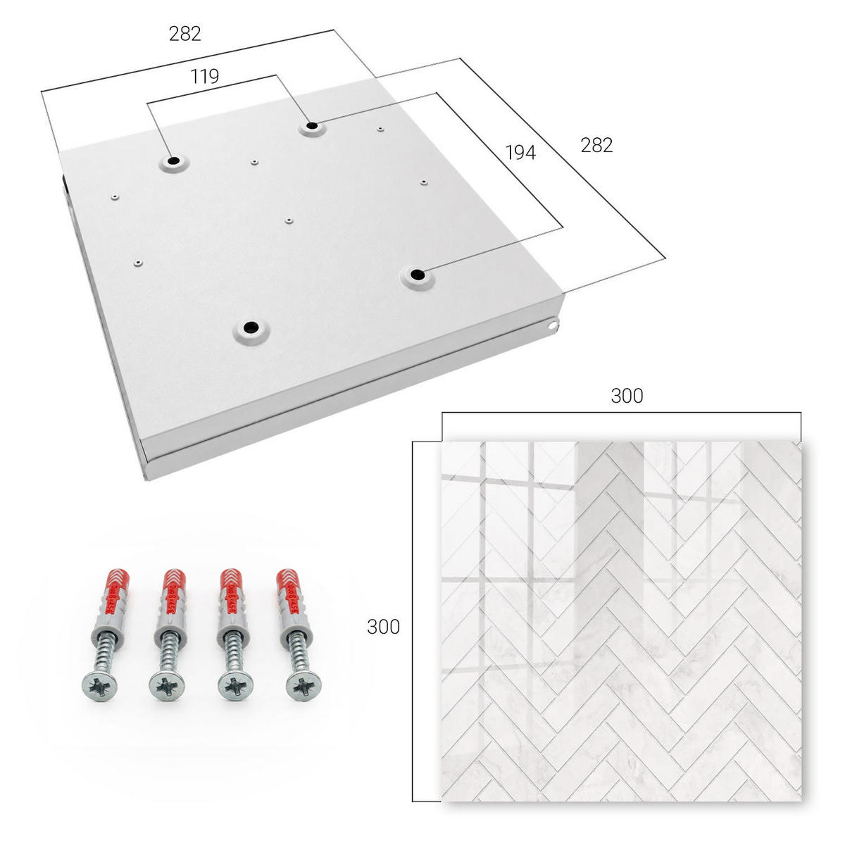 SCHLÜSSELBOX Weiß 30x30 cm – Türöffnung nach rechts - Marmor-Fischgrätmuster - Weiß, Metall (30/30/5cm) - TULUP