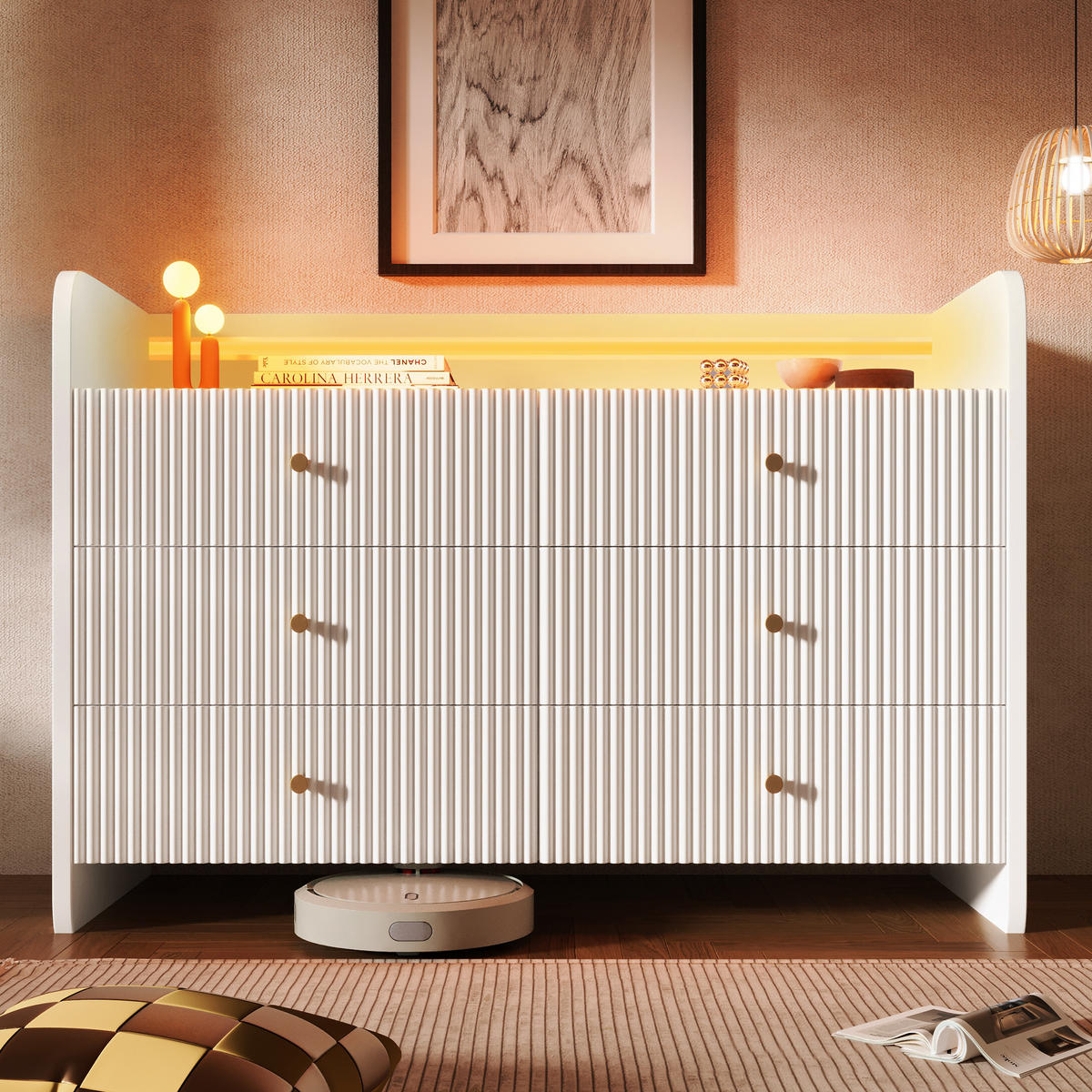 SIDEBOARD aus Spanplatte 120x40x75 cm Weiß mit LED-Beleuchtung, 6 Schubladen und Wellenfront - Weiß, Holzwerkstoff (120/75/40cm) - Modfu