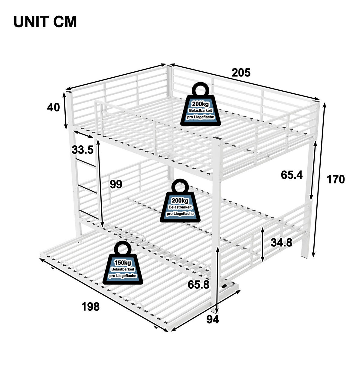 ETAGENBETT 205/145/170 cm aus Metall mit Rausfallschutz, Weiß - Weiß, Metall (140/200cm) - OKMYHOME