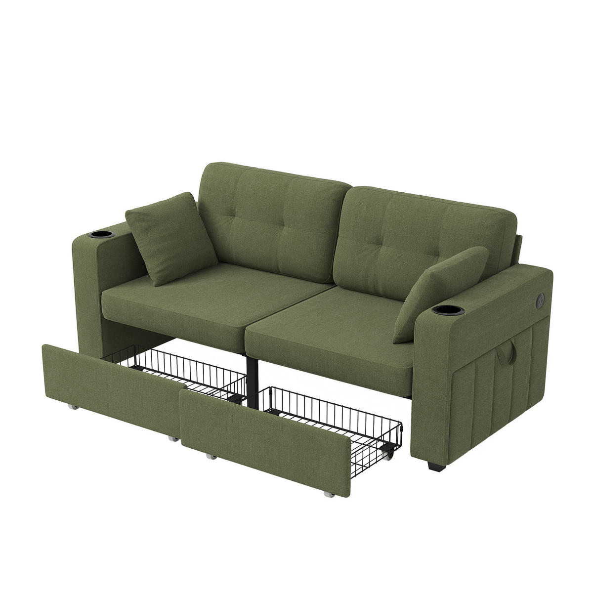 SOFA mit Stauraumschubladen und USB 172 x 75 x 82 cm Chenille Olive - Olivgrün, Holzwerkstoff (172/82/75cm) - Meubliv