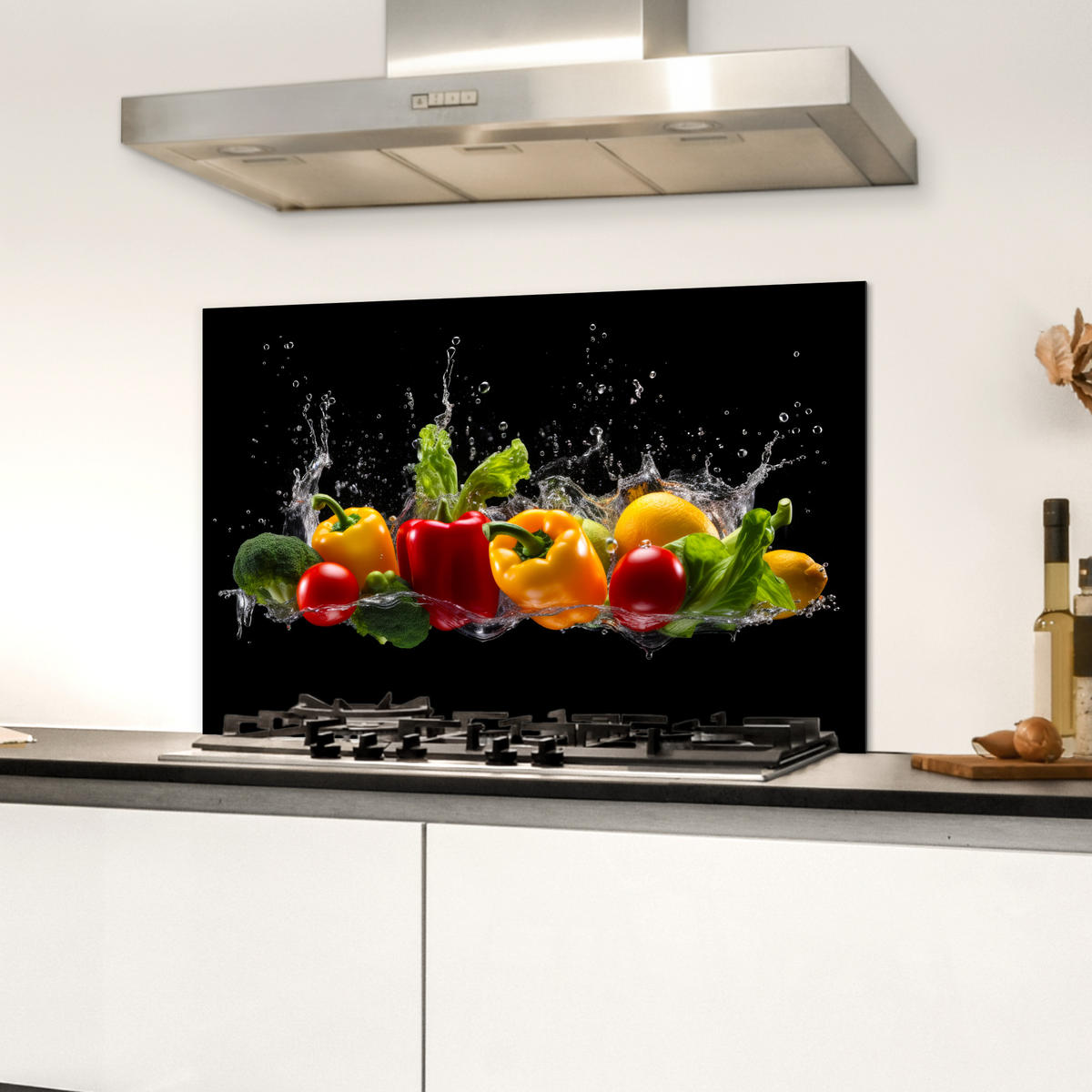 SPRITZSCHUTZ KÜCHE Paprika - Wasser - Gemüse - Schwarz 60x40 cm - Multicolor, Metall (60/0.3/40cm) - MuchoWow