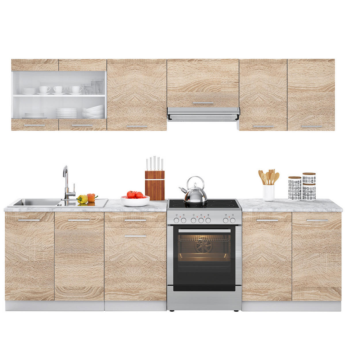 KÜCHENZEILE Raul Sonoma 270 cm, AP Marmor - Weiß/Sonoma Eiche, Holzwerkstoff (270/81.6/60cm) - Vicco