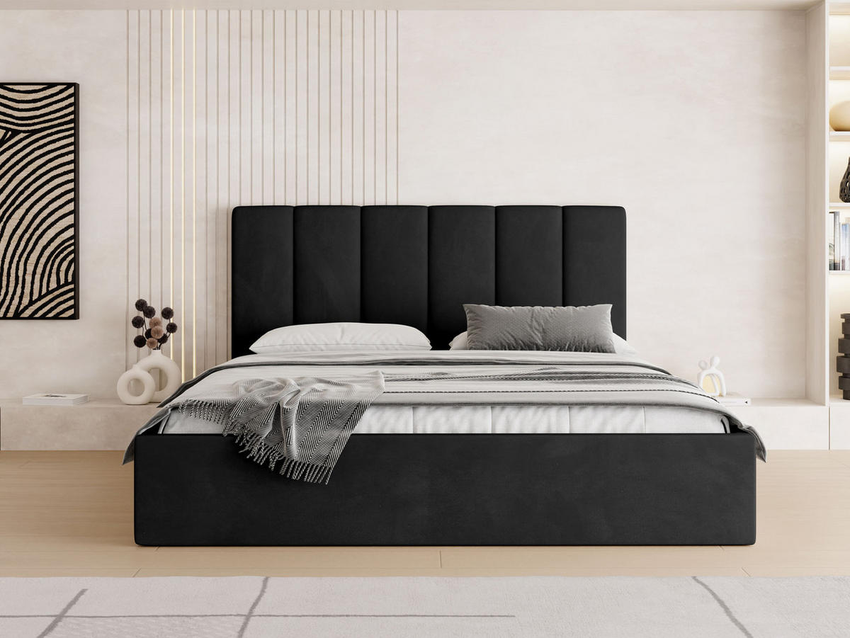 POLSTERBETT Amira Slim mit Bettkasten, Schwarz Samt 160x200 cm - Schwarz Hochglanz/Birkefarben, Holz/Holzwerkstoff (160/200cm) - WFL GROUP