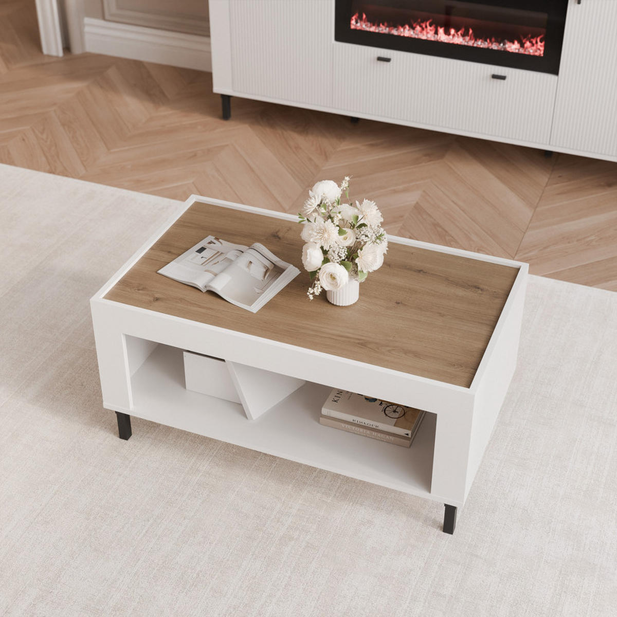 COUCHTISCH AVENA 97/56/47 cm Rechteckig, Weiß/Eiche - Schwarz/Weiß, Holzwerkstoff/Metall (56/97/47cm) - Idohome