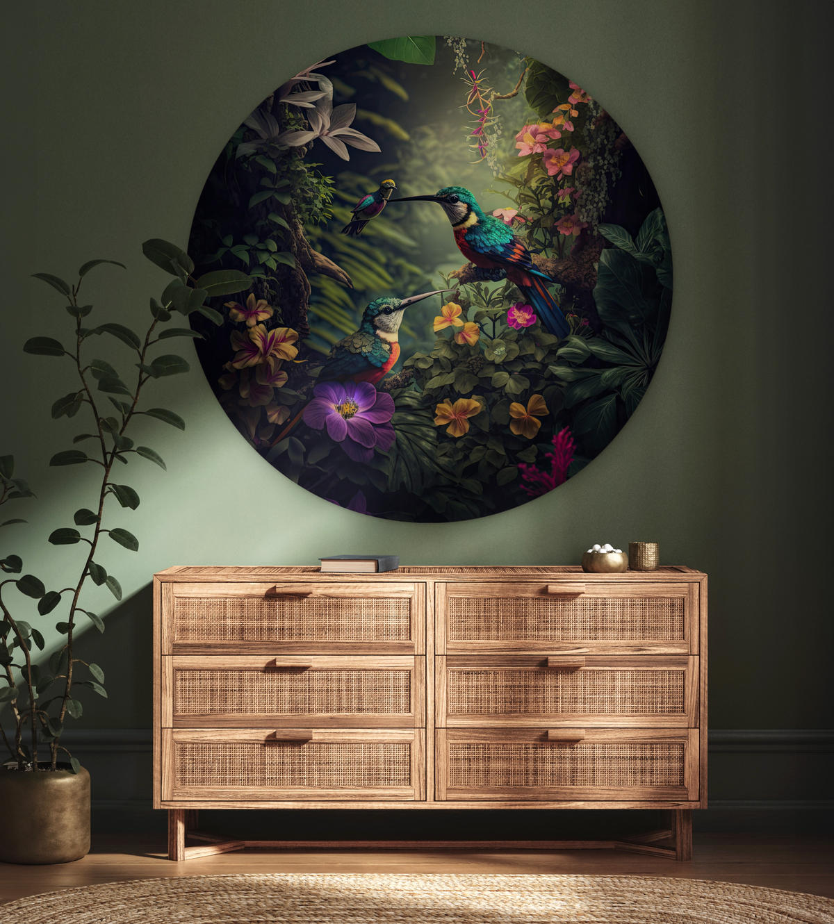 WANDBILD Blumen - Vogel - Dschungel - Pflanzen 140x140 cm - Petrol, Kunststoff (140/140cm) - MuchoWow