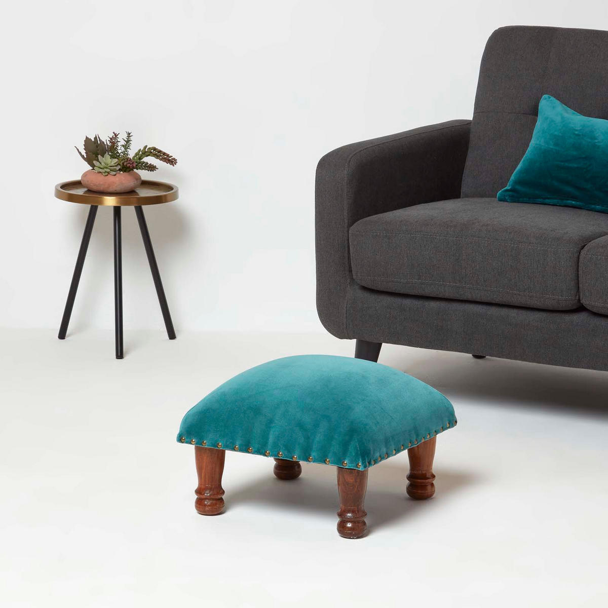 SAMT-HOCKER Mable, petrolgrün mit Holzbeinen, 40/40/25 cm - Grün, Textil (40/25/40cm) - Homescapes