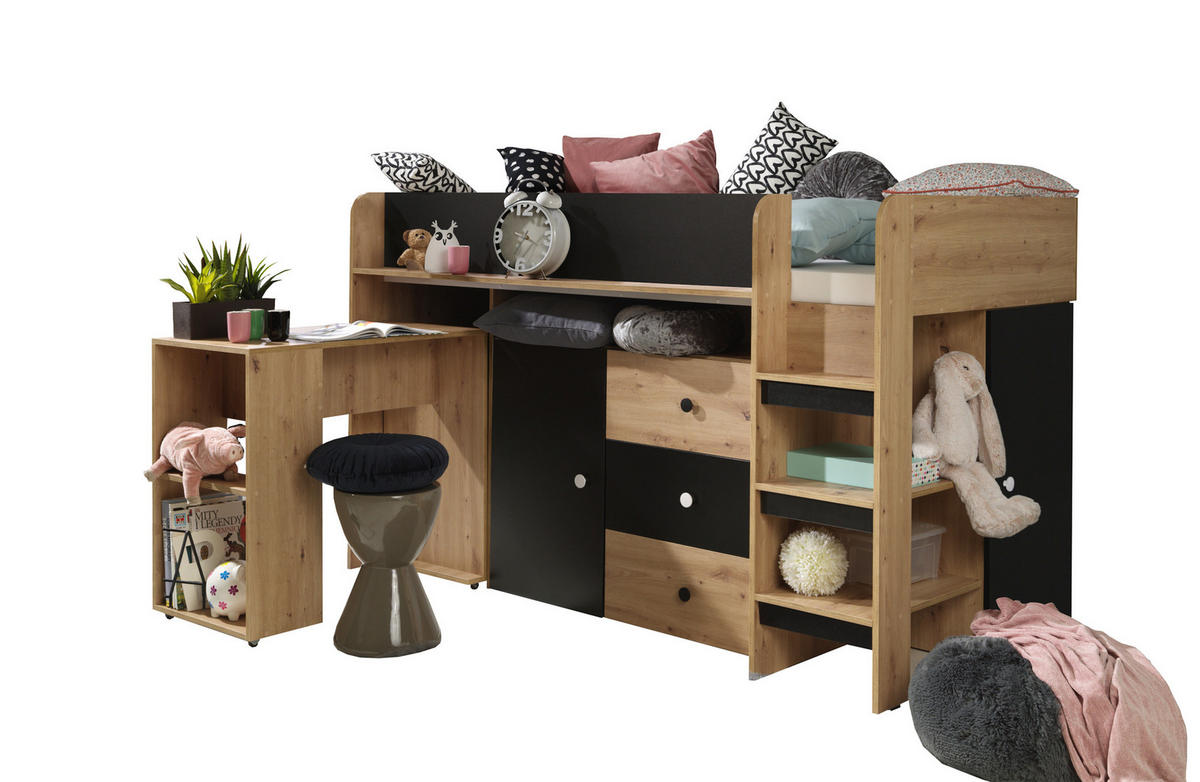 HOCHBETT Smart Artisan Eiche / schwarz 106 / 203 / 125cm Leiter rechts - Schwarz/Braun, Holz/Holzwerkstoff (90/200cm) - Feldmann-Wohnen