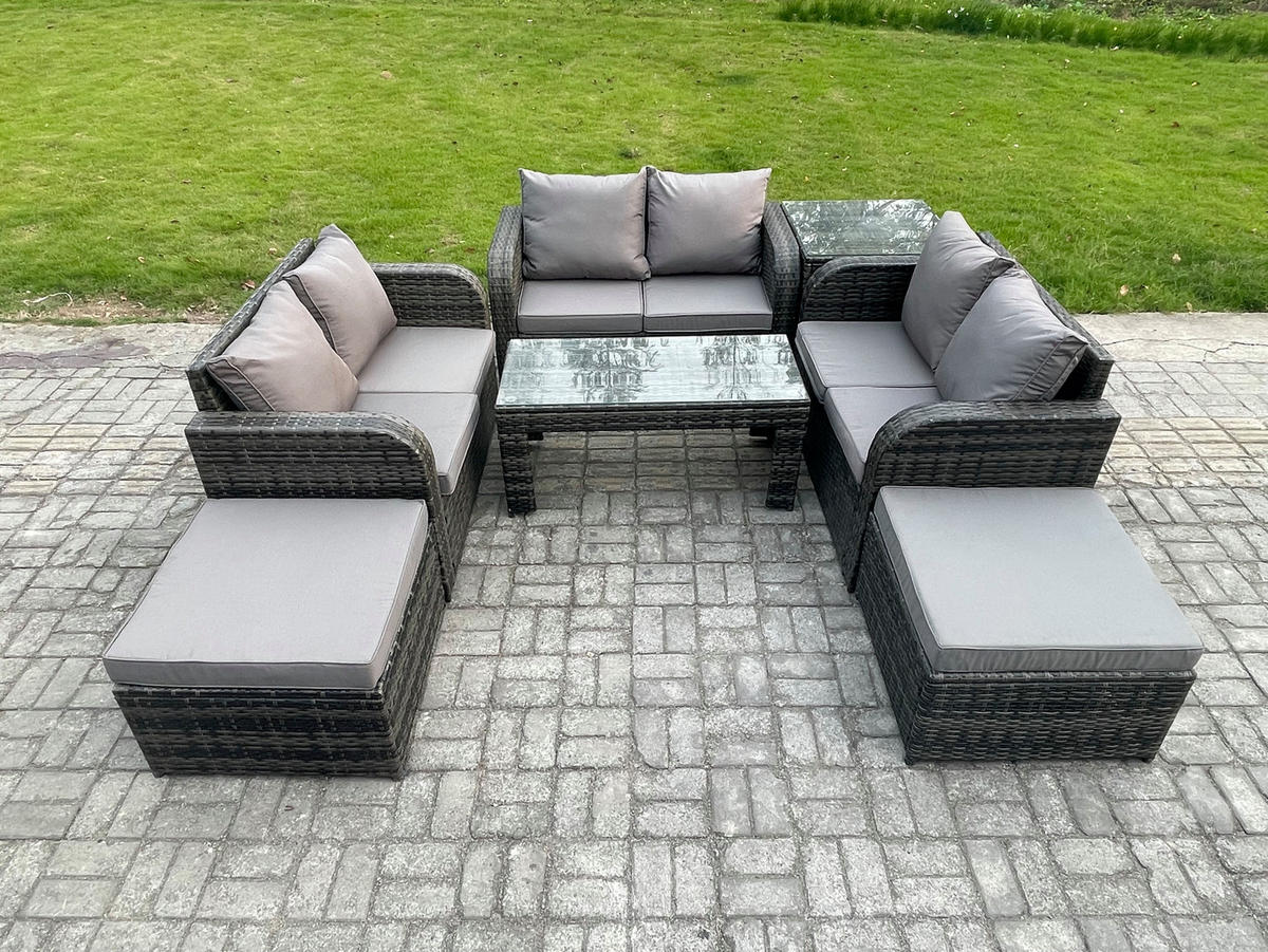 GARTENSOFA SET mit rechteckigem COUCHTISCH Polyrattan 8-Sitzer Dunkelgrau - Dunkelgrau/Grau, Glas/Kunststoff - Fimous