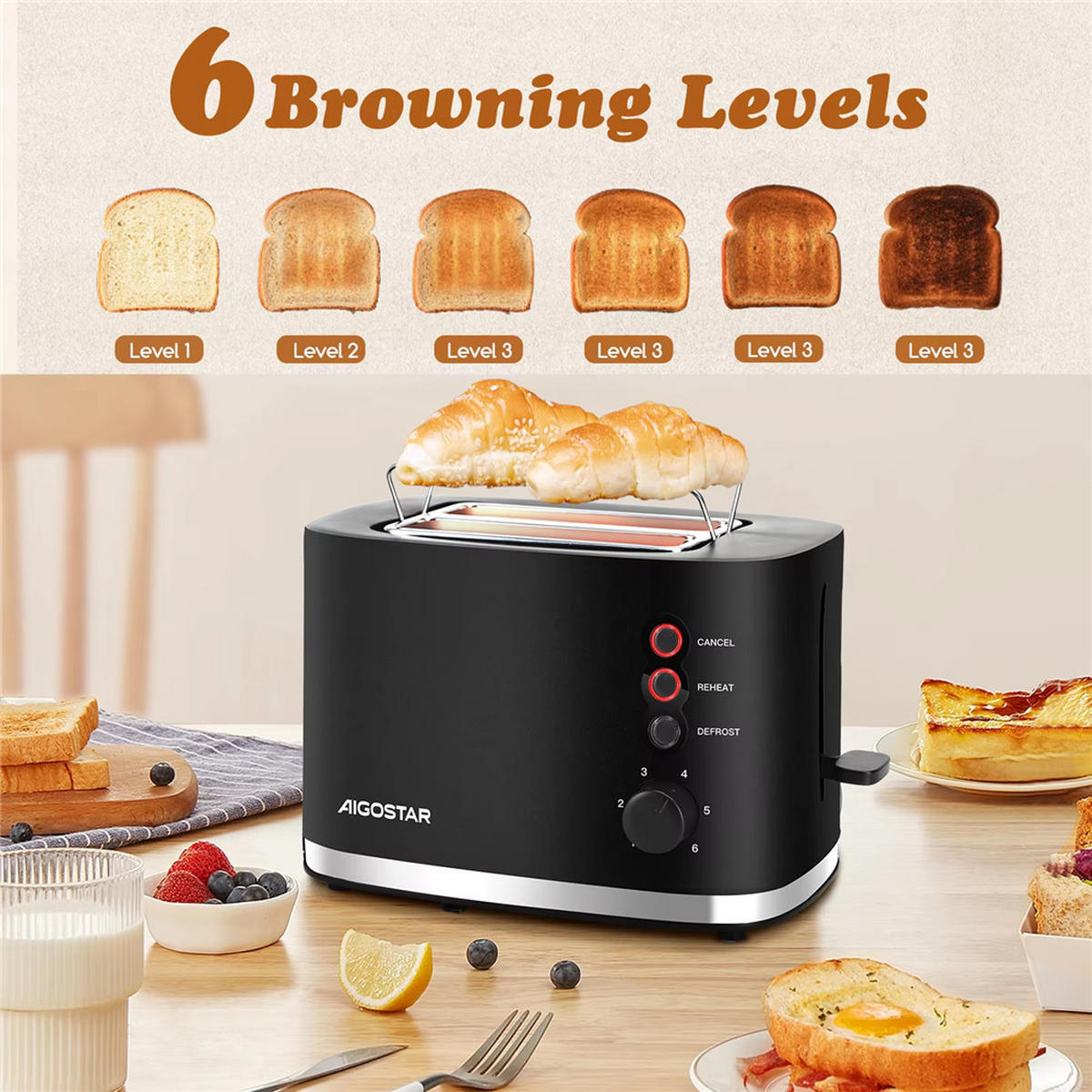 TOASTER 2 Scheiben 800W Brötchenaufsatz 6 Stufen Schwarz - Schwarz, Metall (29.5/17.8/17.7cm) - Kaket
