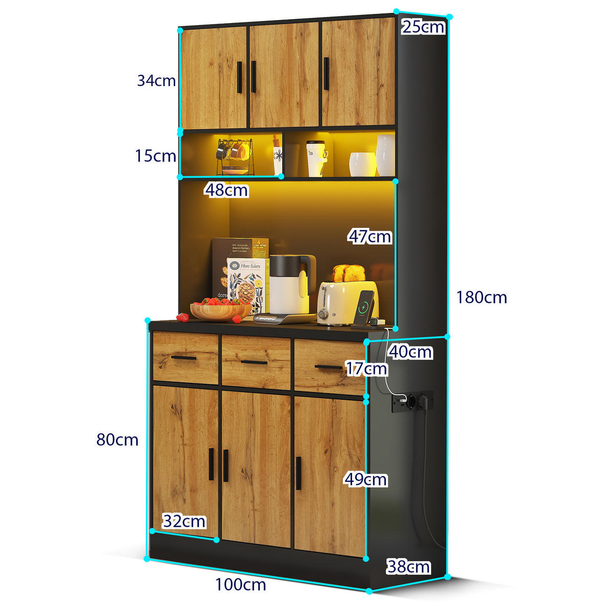 KÜCHENBUFFET in Schwarz und Naturfarbe Küchenschrank mit LED und Schubladen für Küchen und Esszimmer, B100/T40/H180 cm - Naturfarben, Holzwerkstoff (100/180/40cm) - STILVORA