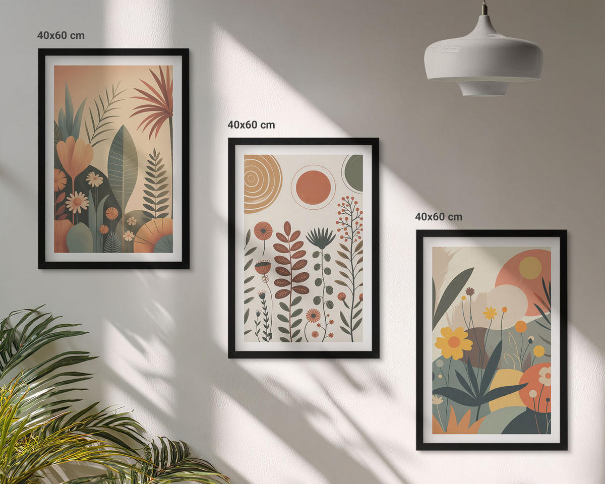 BILDER SET 3er Set - 40x60 cm Schwarzer Rahmen - Boho-Pflanzenmuster Natur - Schwarz, Kunststoff (40/60cm) - TULUP
