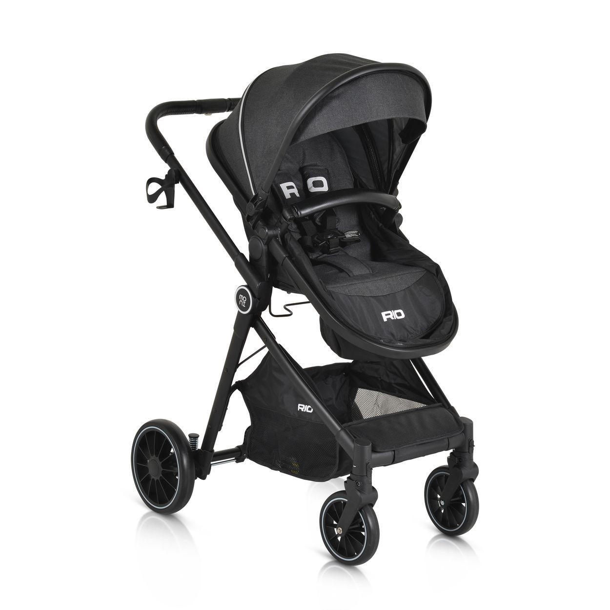 KINDERWAGEN 2 in 1 Rio schwarz umbaubar Fußabdeckung klappbar Korb Gurt - Schwarz, Metall (86/59/108cm) - Moni