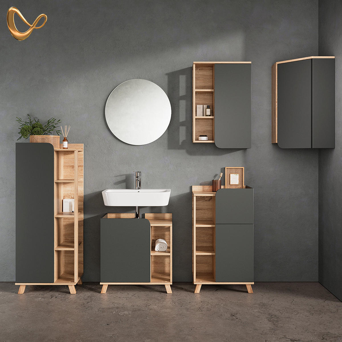 BADSCHRANK Marano Anthrazit 42.4 x 75 cm mit Tür und offenen Fächern - Anthrazit/Sonoma Eiche, Holzwerkstoff (42.4/75/42.4cm) - Livinity®