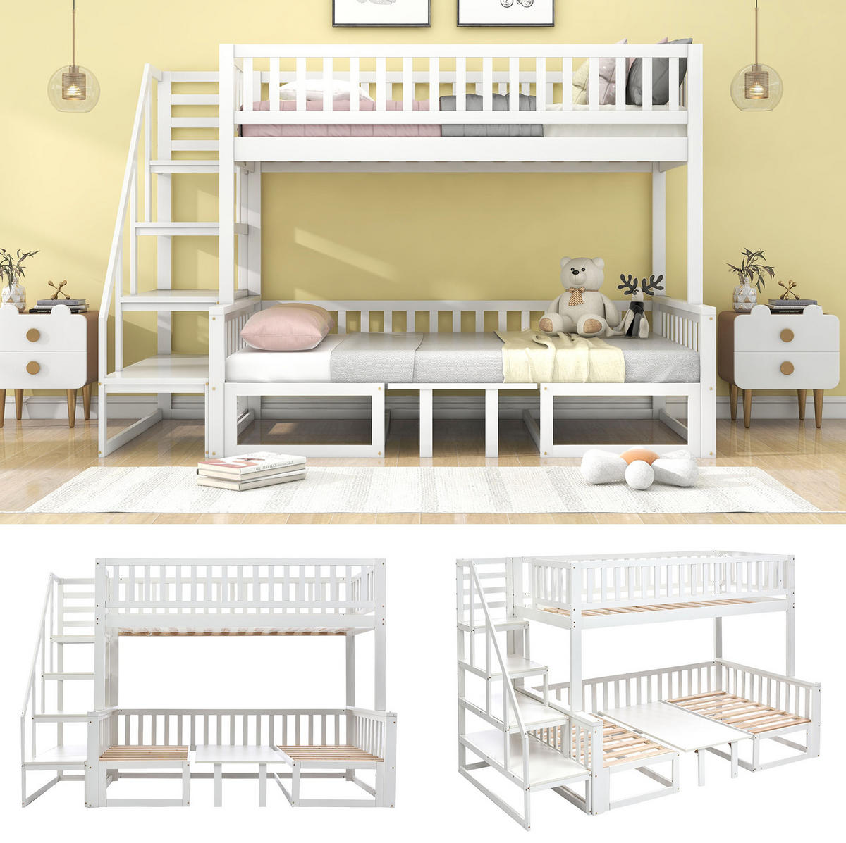 ETAGENBETT aus Kiefer und MDF 245,5x125x170 cm Weiß mit Treppe, verstellbarem Tisch und ausziehbarer Liegefläche - Weiß, Holzwerkstoff (90/200cm) - Modfu