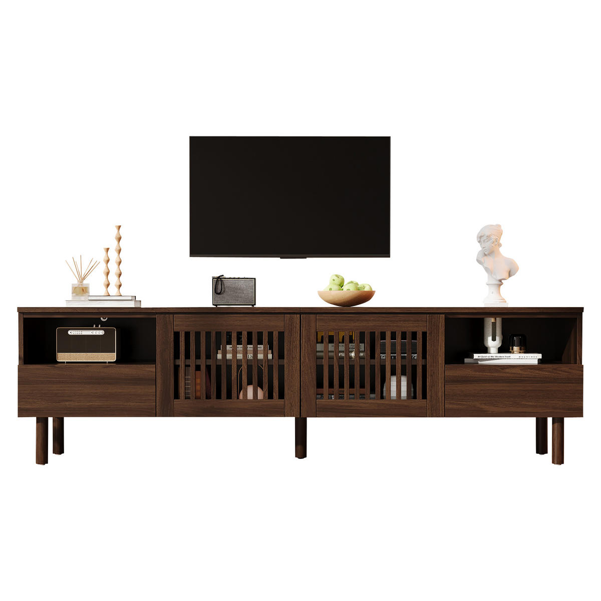 TV komoda 180/40/51 cm s rešetkastim vratima i ladicama u izgledu orahova drva - boje oraha/prirodne boje, drvni materijal (180/51/40cm) - CHICFURN