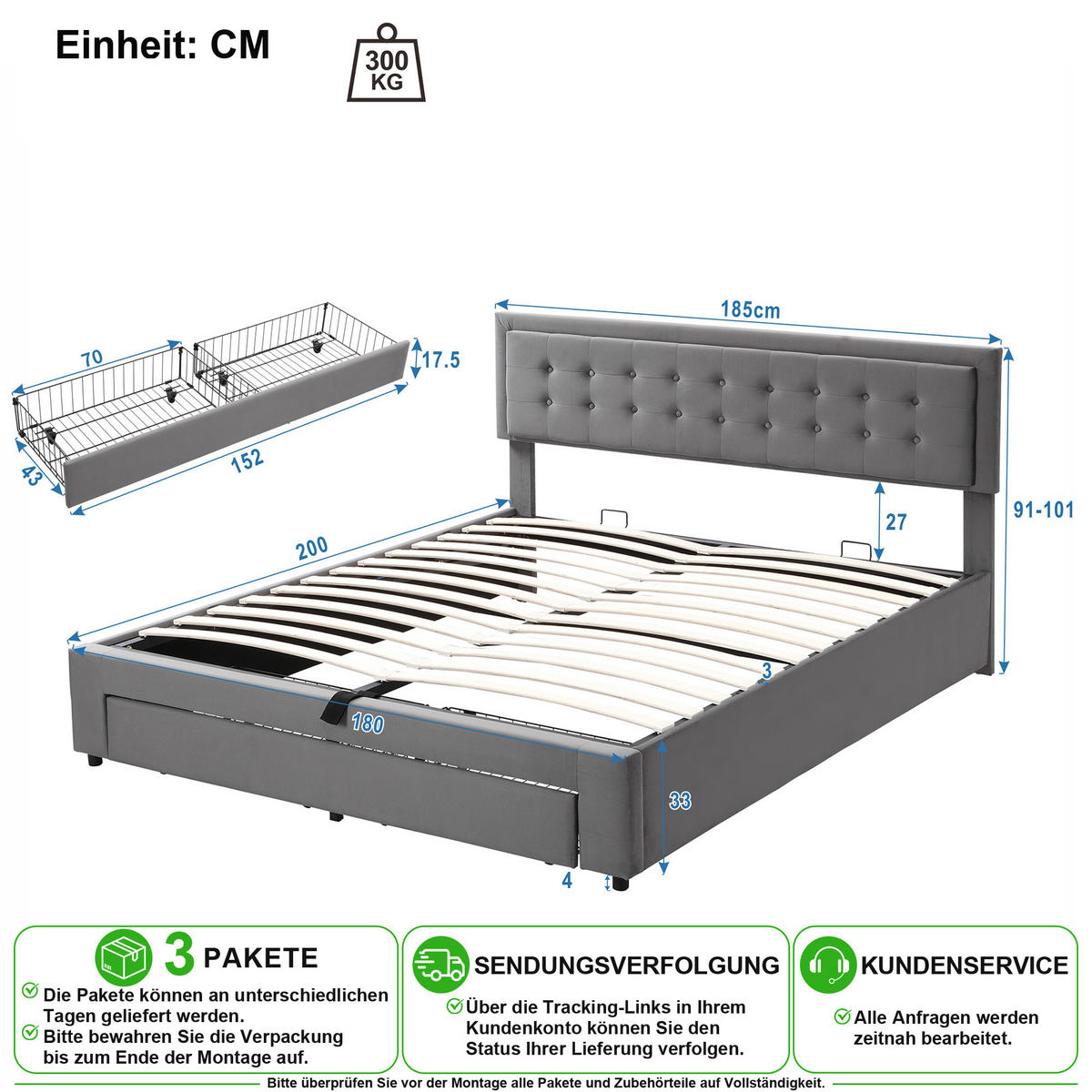 POLSTERBETT 180/200 cm in Grau Samt mit Bettkasten und Schubladen - Grau, Holzwerkstoff/Textil (180/200cm) - CHICFURN