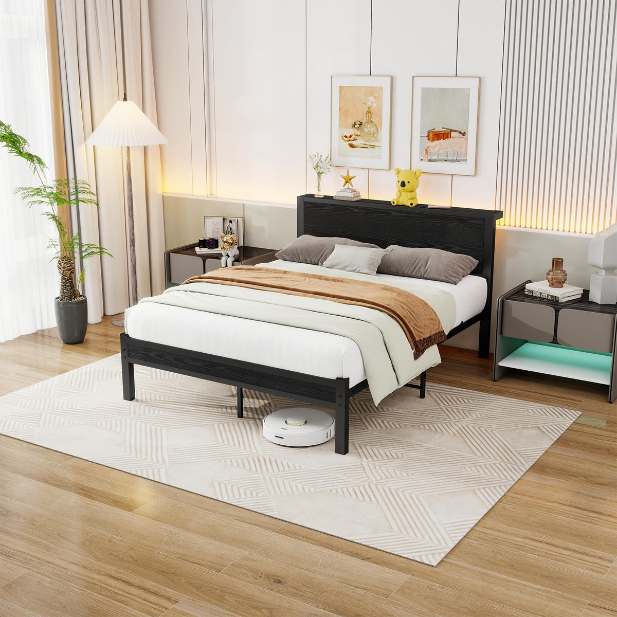 METALLBETT 140x200 cm Stauraum Kopfteil schwarz - Schwarz, Holzwerkstoff (140/200cm) - LEBENLANG